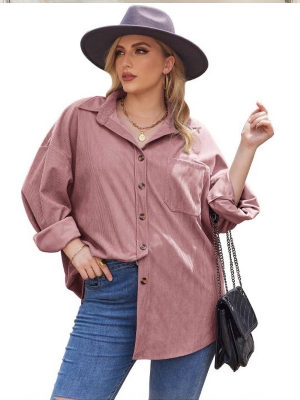 Oversized Western Boyfriend Button-Front Corduroy Shirt - Dusty Mauve Size Med.